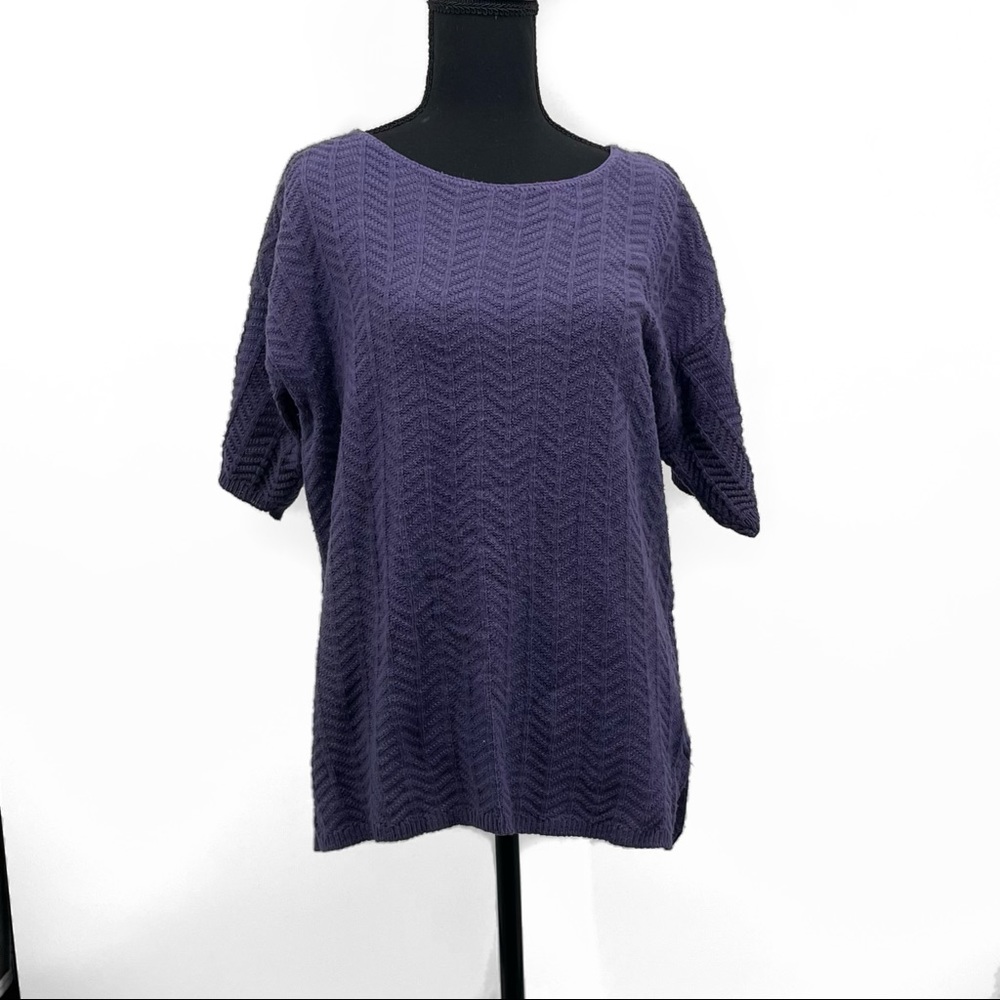 Vintage Purple Knit Blouse | Textured Short Sleeve Top | Relaxed Casual Fit L